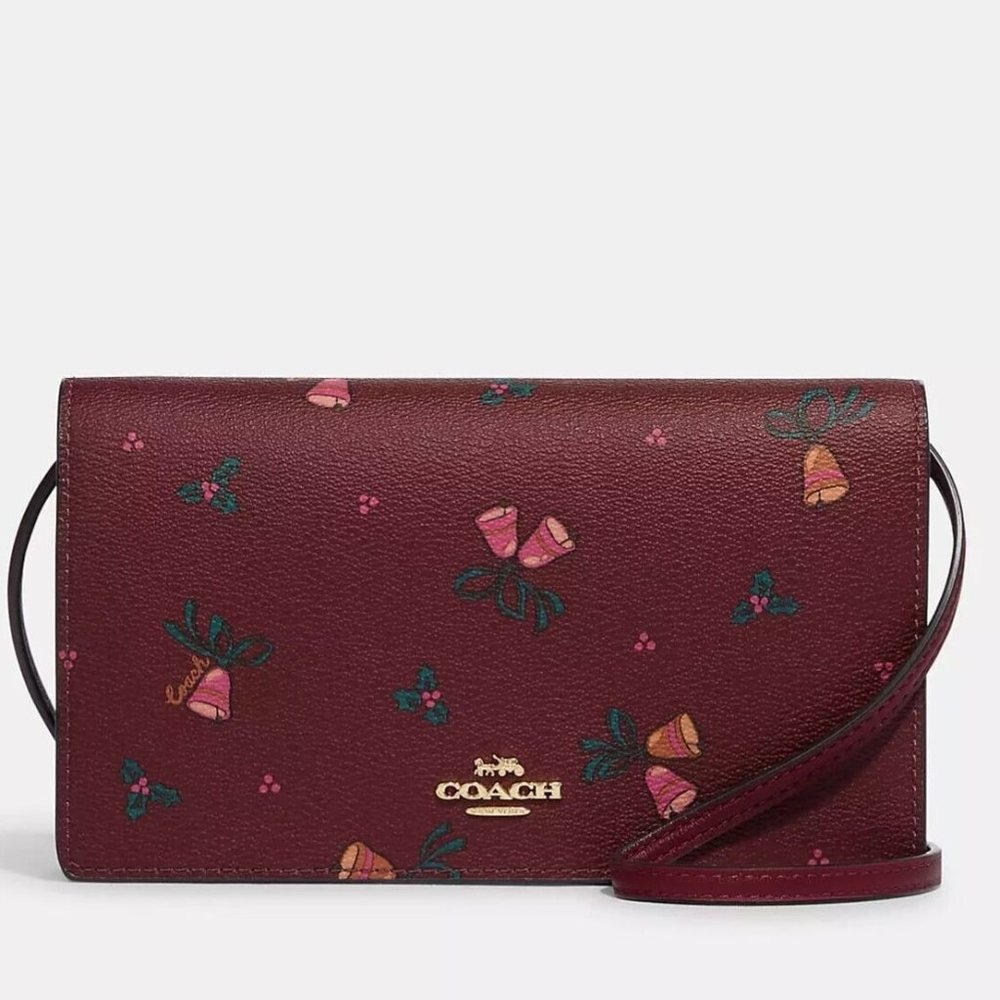 NWT Coach Anna Foldover Clutch Crossbody With Holiday Bells Print CF356